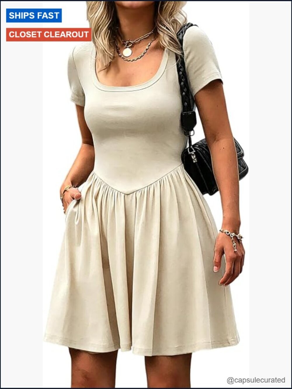 Women's Casual Mini Dress with Pockets Square Neck A-Line Swing